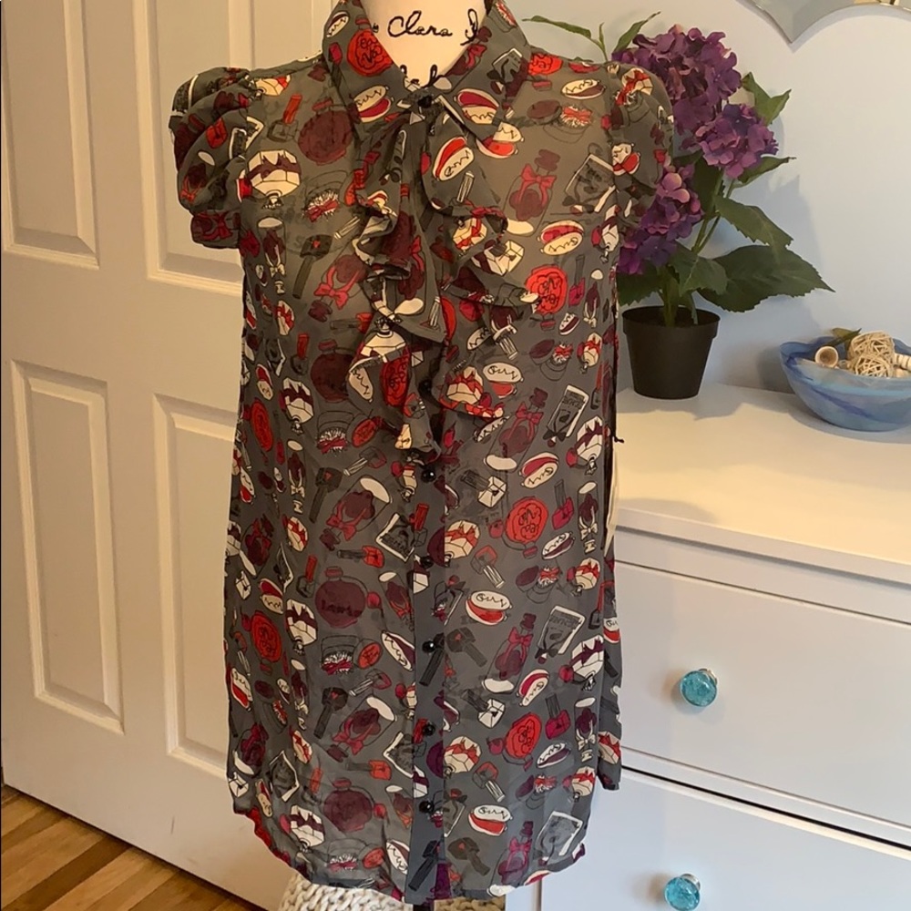 Cap Sleeve Button Up Blouse with Ruffle Front